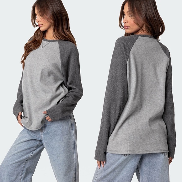 Edikted Me Time Oversized Waffle Top Gray NWOT - Picture 2 of 11